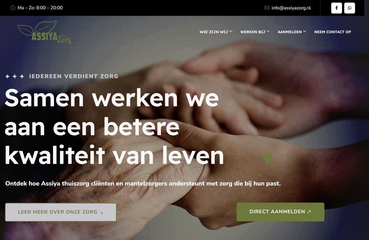 Homepage van assiyazorg.nl met de kop 'Samen werken we aan een betere kwaliteit van leven'