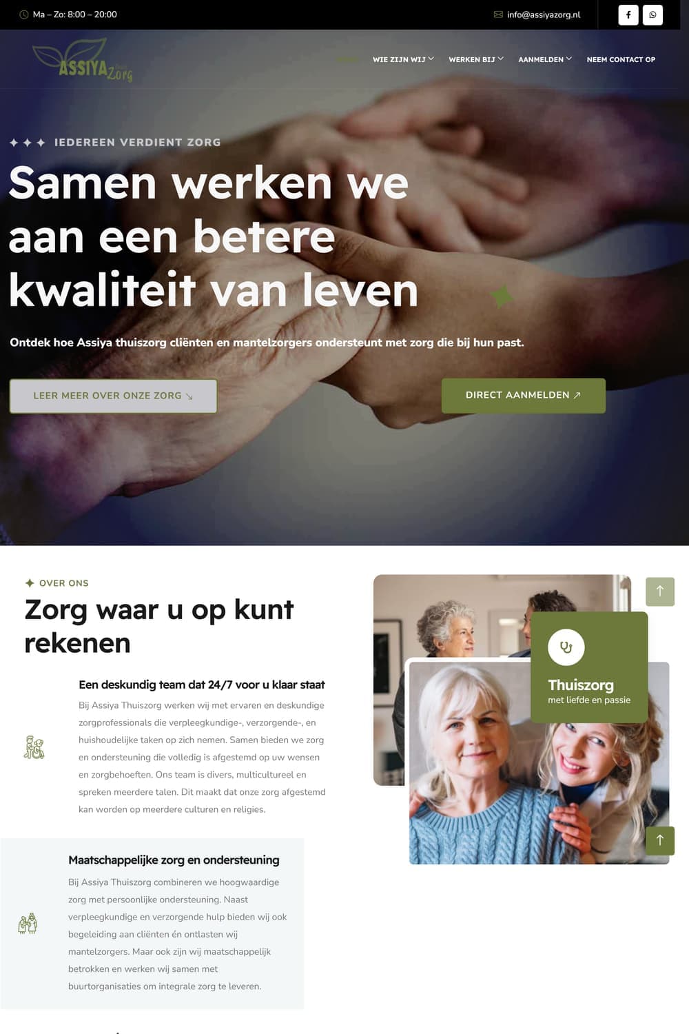 Homepage van assiyazorg.nl met de kop 'Samen werken we aan een betere kwaliteit van leven'