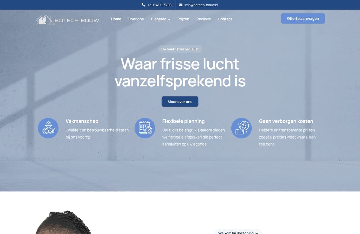 Homepage van botech-bouw.nl met de kop 'Waar frisse lucht vanzelfsprekend is'