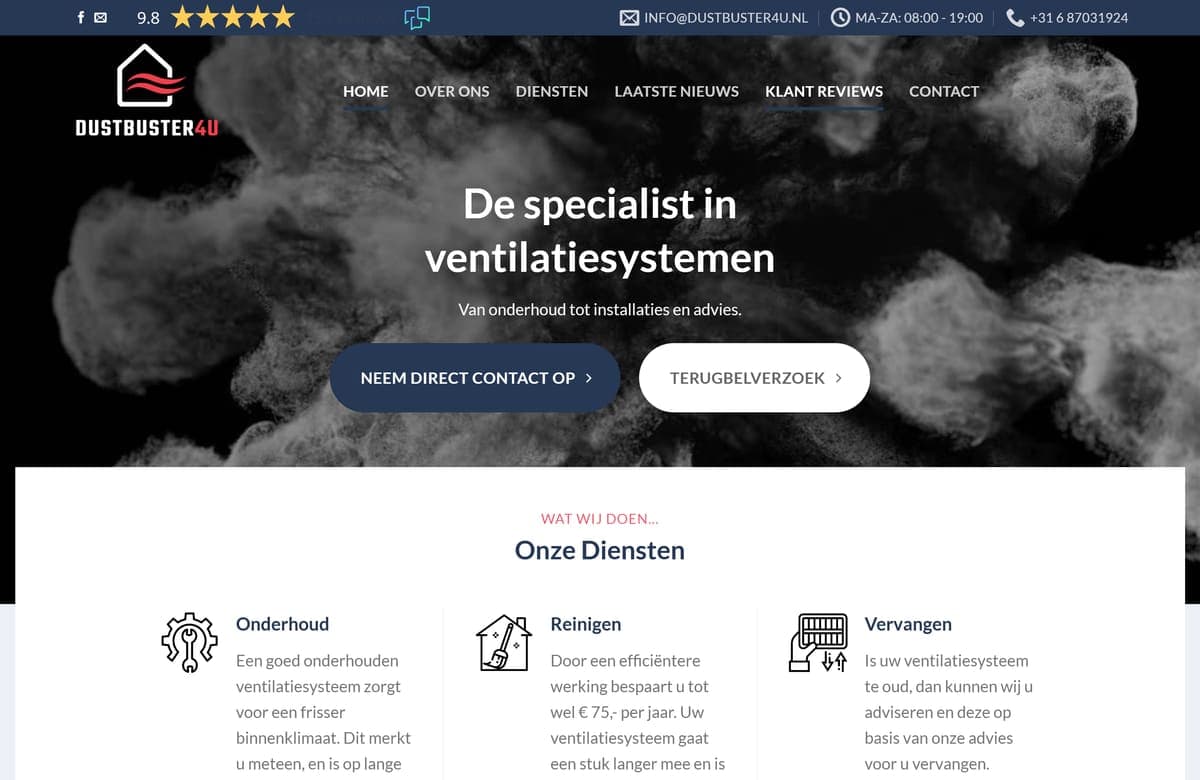 dustbuster4u.nl homepage with smoke on black and the heading 'The specialist in ventilation systems'