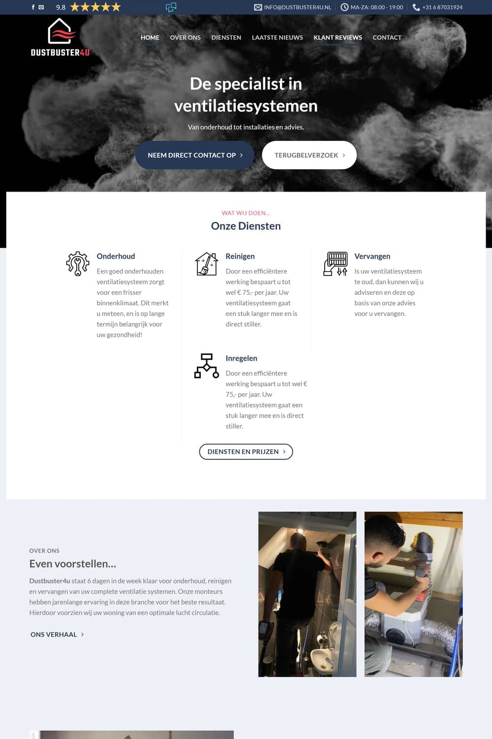 Homepage van dustbuster4u.nl met rookwolken op zwart en de kop 'De specialist in ventilatiesystemen'