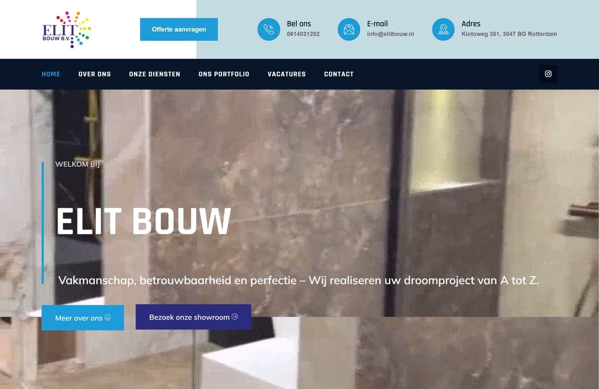 Homepage van elitbouw.nl met marmeren interieurfoto en de kop 'Elit Bouw'