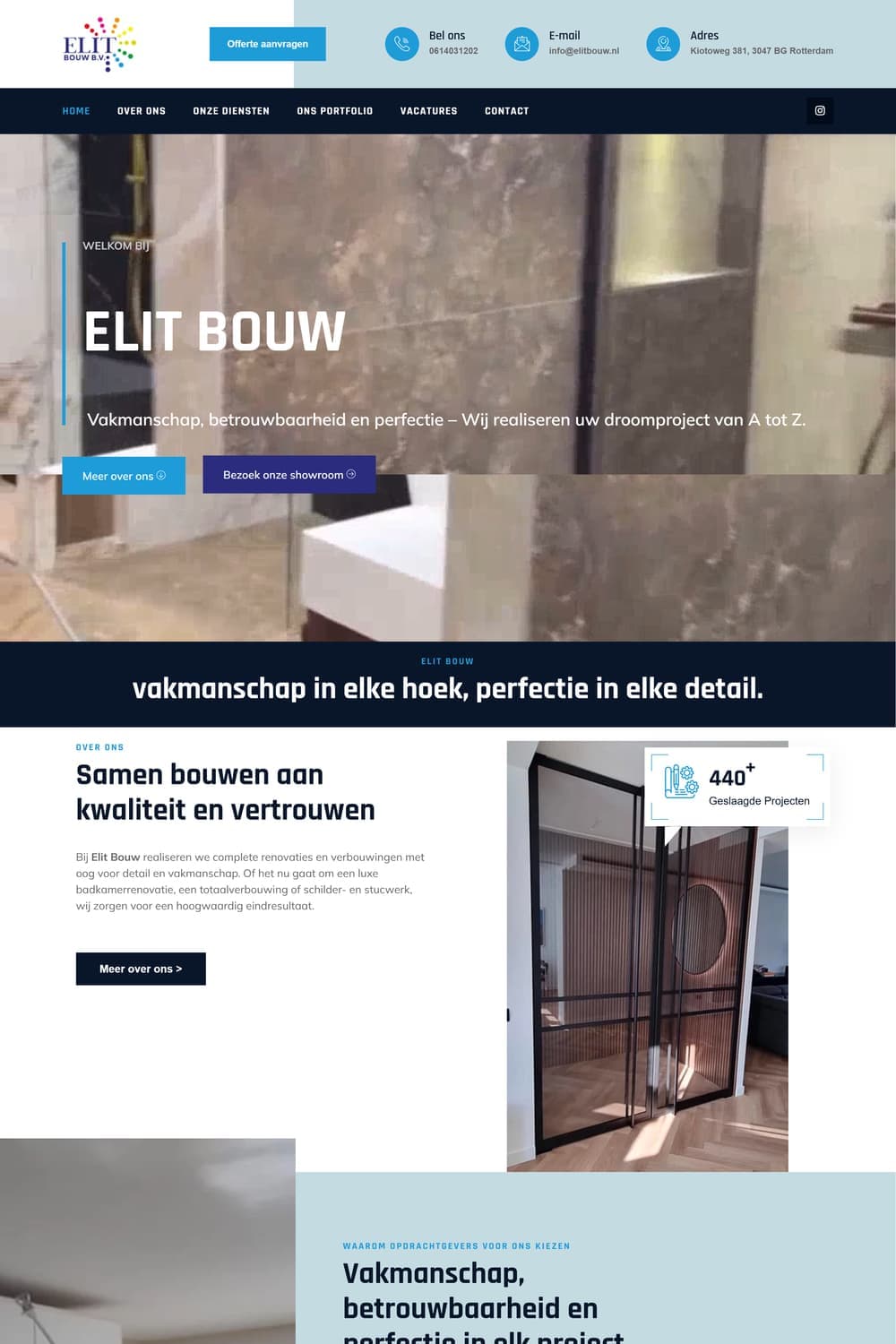 Homepage van elitbouw.nl met marmeren interieurfoto en de kop 'Elit Bouw'