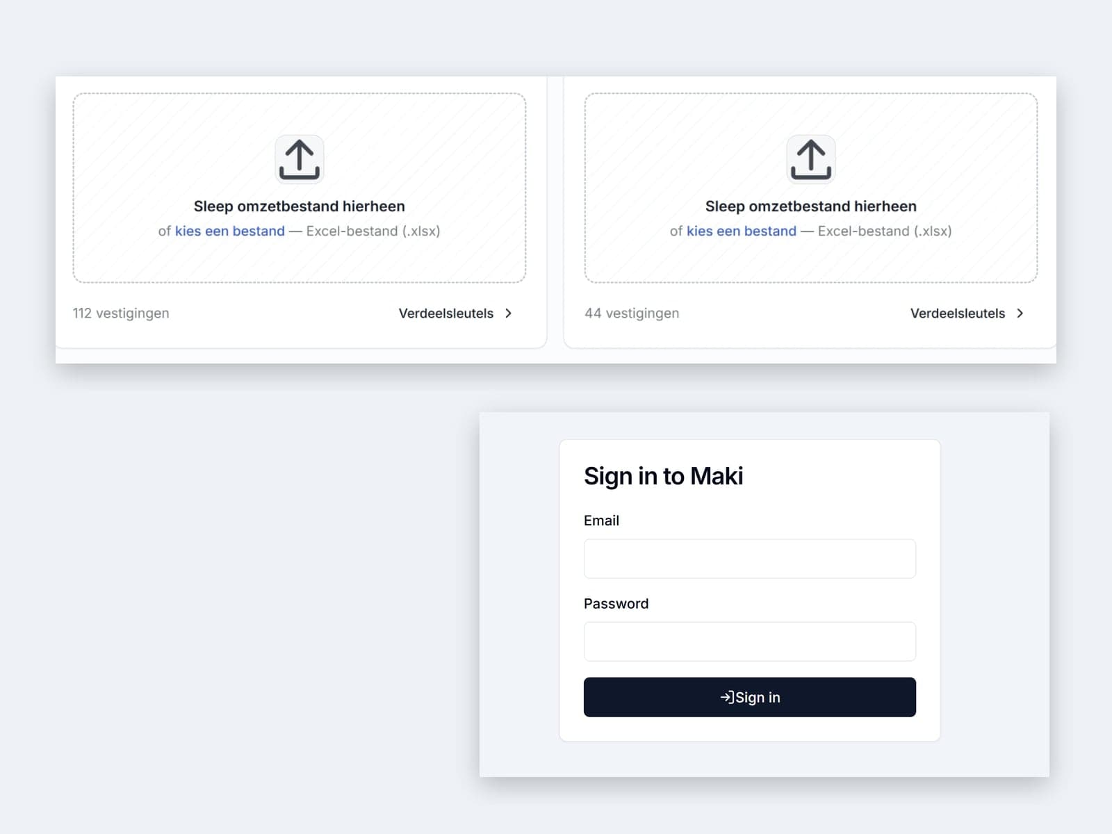 Schermen van het facturatieplatform: per keten een uploadvak voor het omzetbestand met het aantal vestigingen en de verdeelsleutels, en het inlogscherm