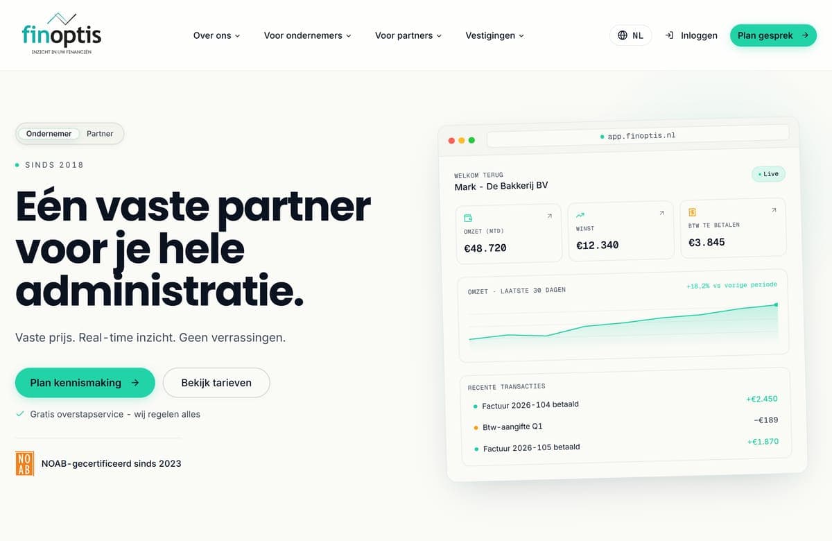 Homepage van finoptis.nl met tariefcalculator en dashboard