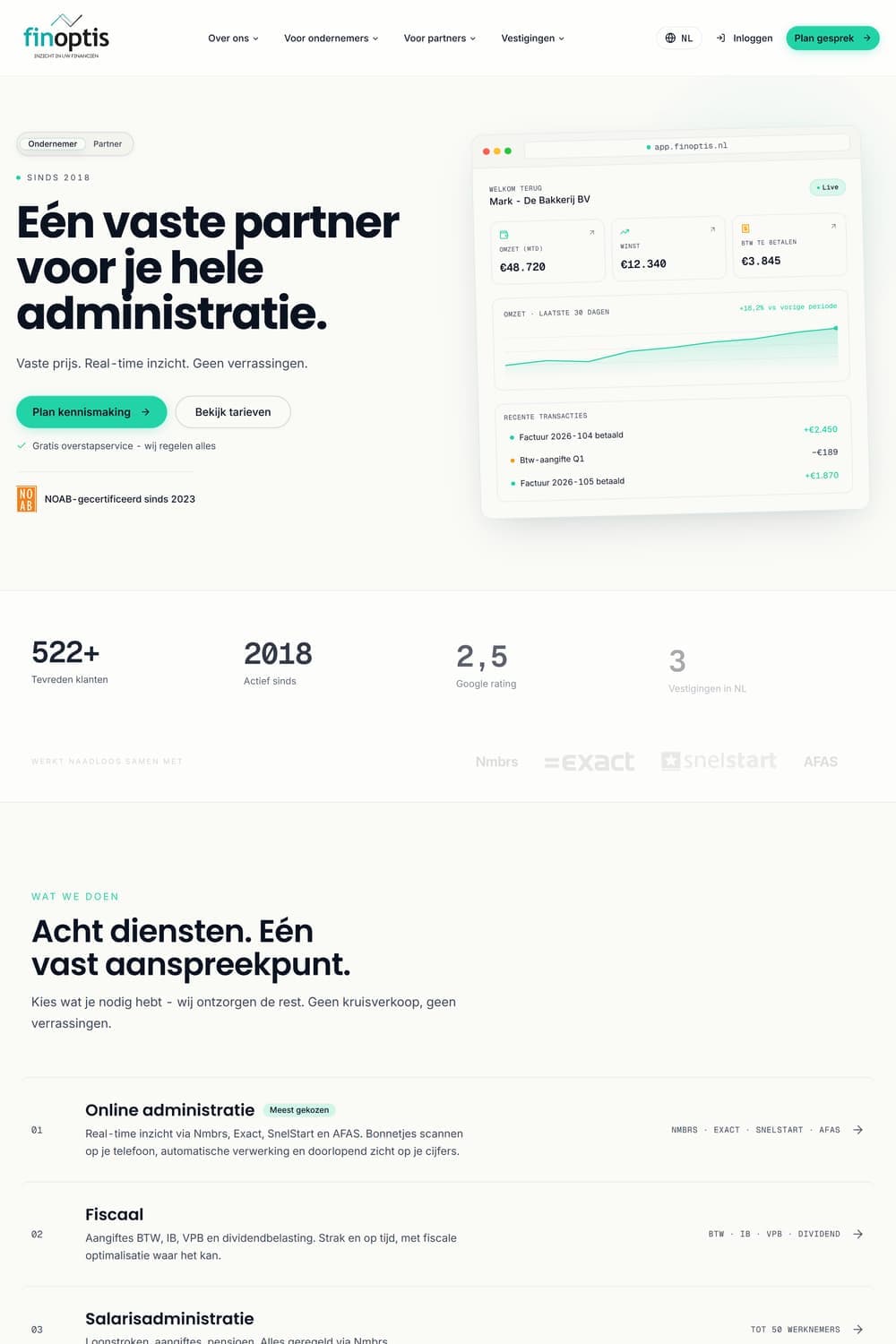 Homepage van finoptis.nl met tariefcalculator en dashboard