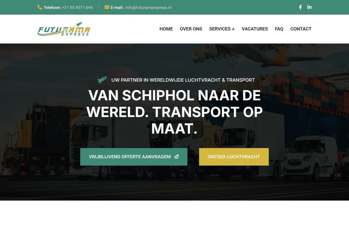 Homepage van futuramaexpress.nl met vrachtwagen bij Schiphol en de kop 'Van Schiphol naar de wereld'