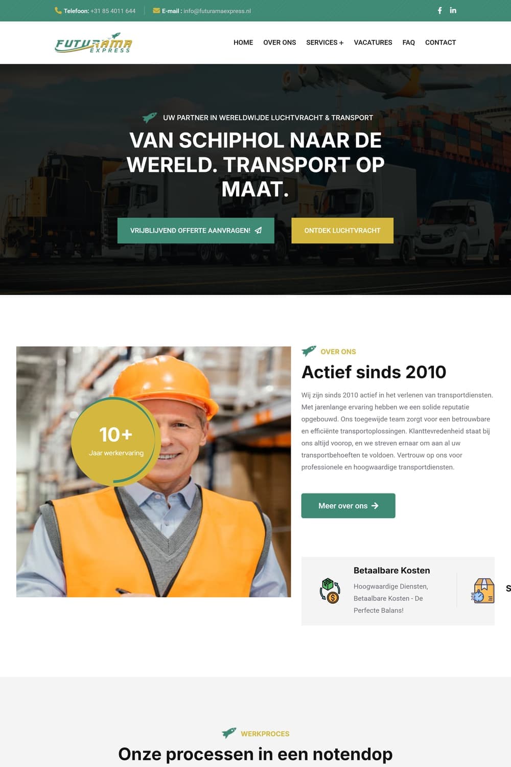 Homepage van futuramaexpress.nl met vrachtwagen bij Schiphol en de kop 'Van Schiphol naar de wereld'