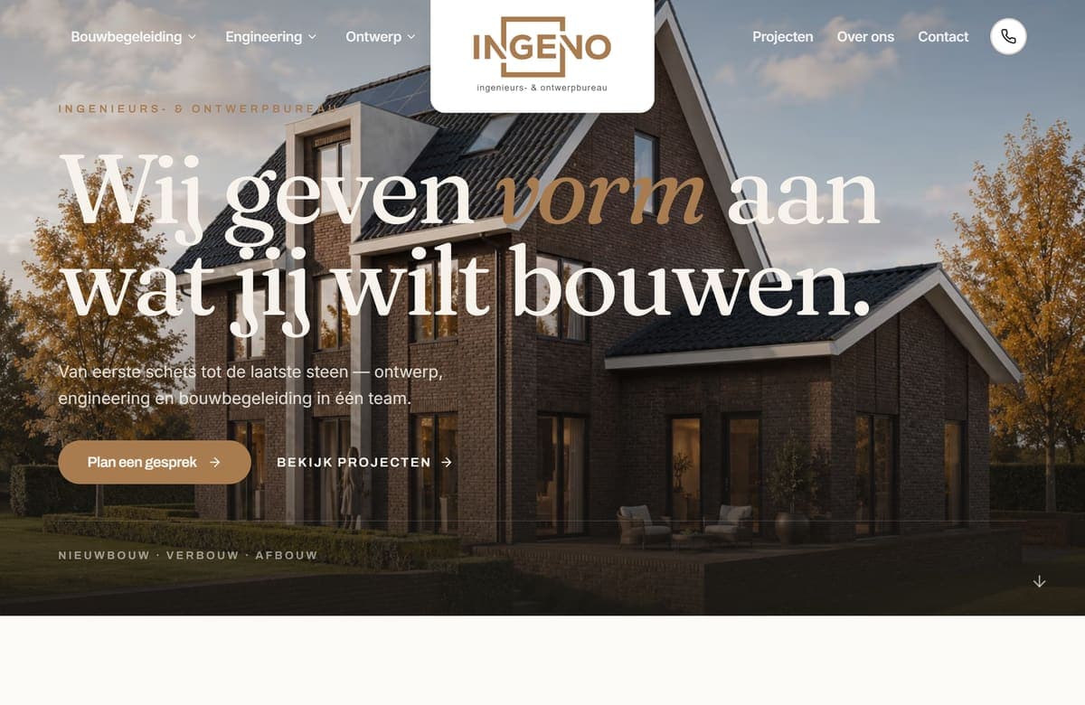 Homepage van ingeno.nl met villa-fotografie en de kop 'Wij geven vorm aan wat jij wilt bouwen'