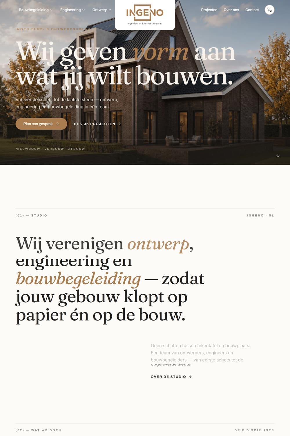 Homepage van ingeno.nl met villa-fotografie en de kop 'Wij geven vorm aan wat jij wilt bouwen'