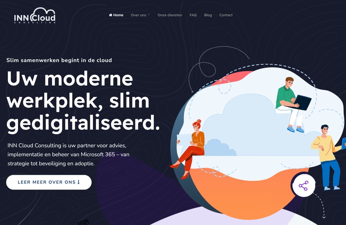 Homepage van inncloudconsulting.nl met illustratie van een cloudwerkplek