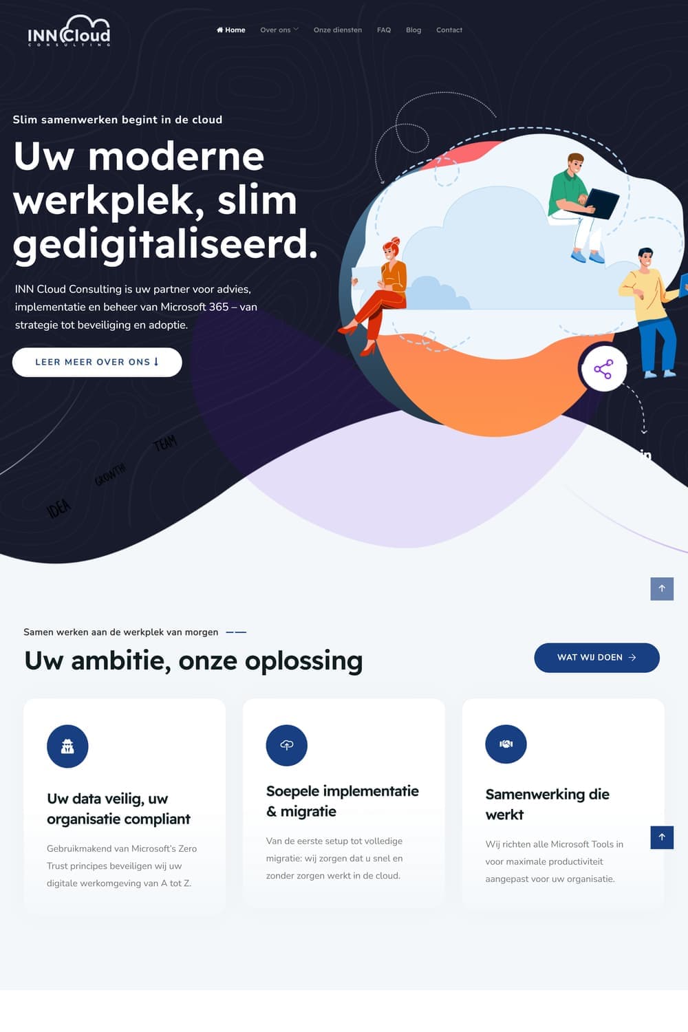 Homepage van inncloudconsulting.nl met illustratie van een cloudwerkplek