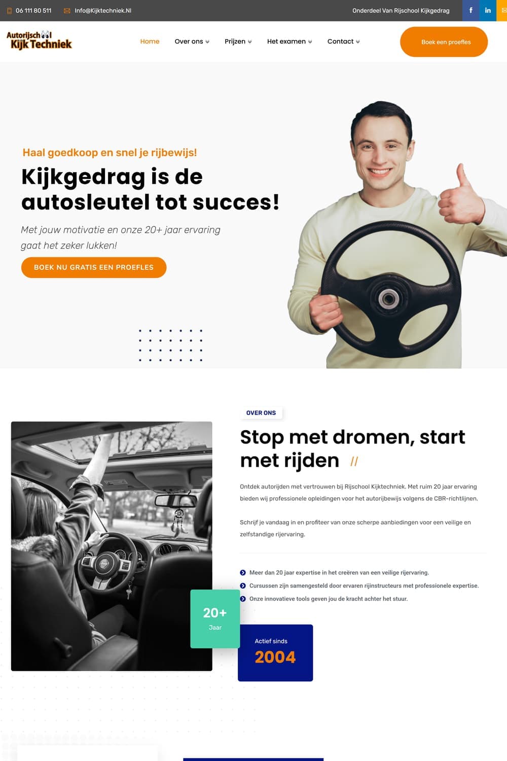 Homepage van kijktechniek.nl met rij-instructeur met stuur en de kop 'Kijkgedrag is de autosleutel tot succes'