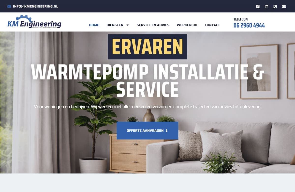 Homepage van kmengineering.nl met de kop 'Ervaren warmtepomp installatie & service'