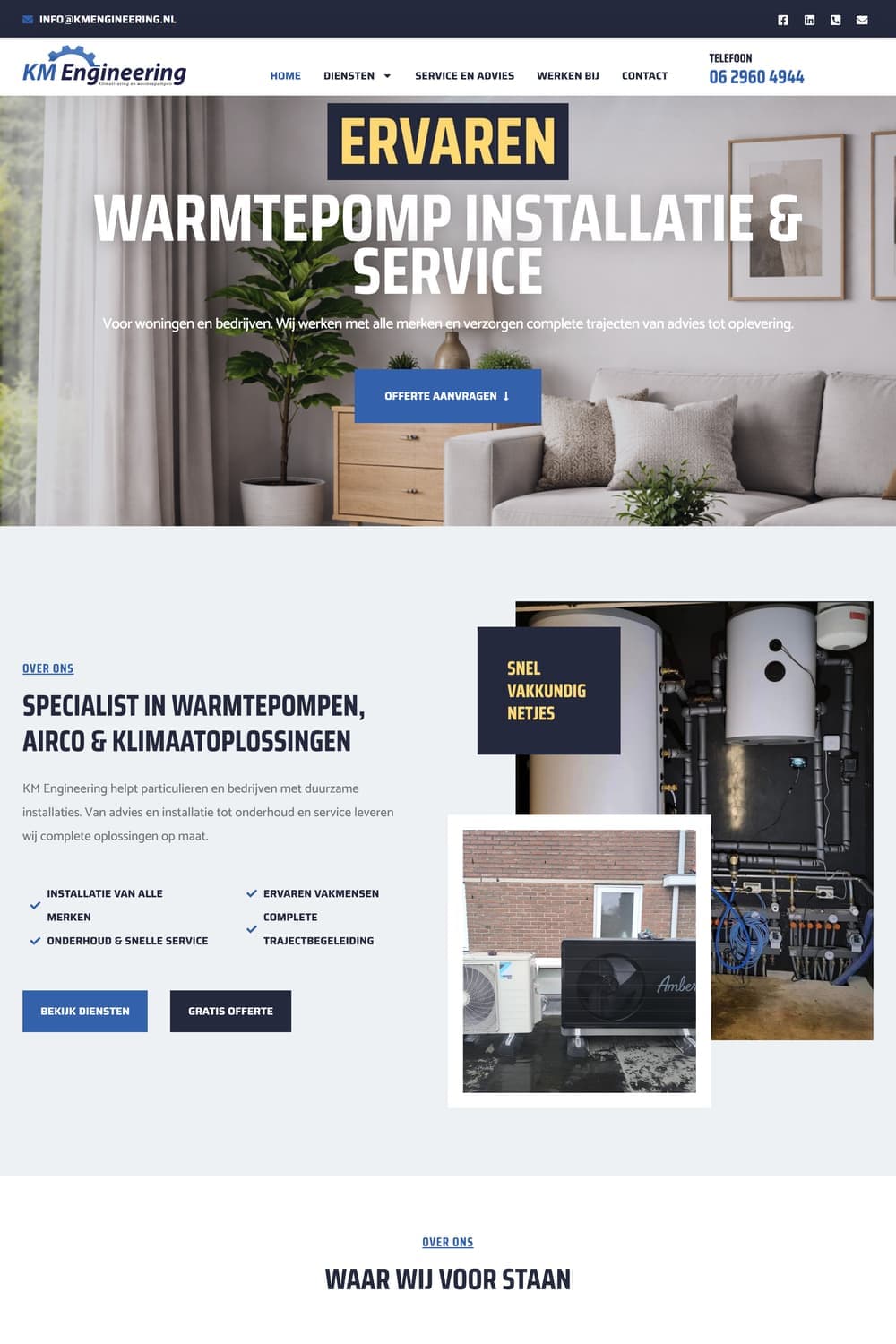 Homepage van kmengineering.nl met de kop 'Ervaren warmtepomp installatie & service'