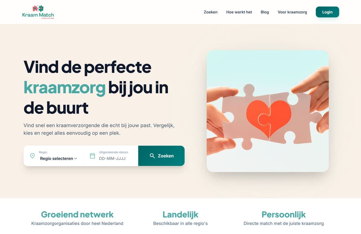 Homepage van kraammatch.nl met zoekbalk op regio en datum
