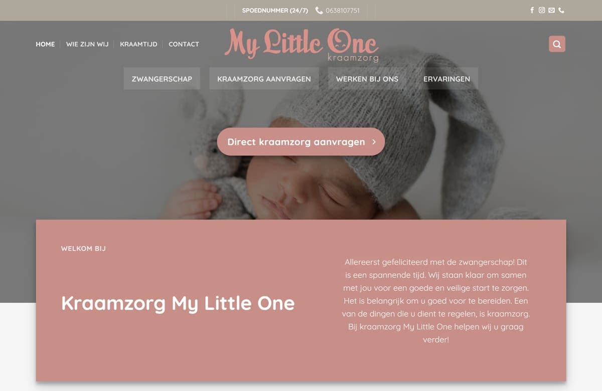 Homepage van kraamzorgmylittleone.nl met baby in konijnenpakje