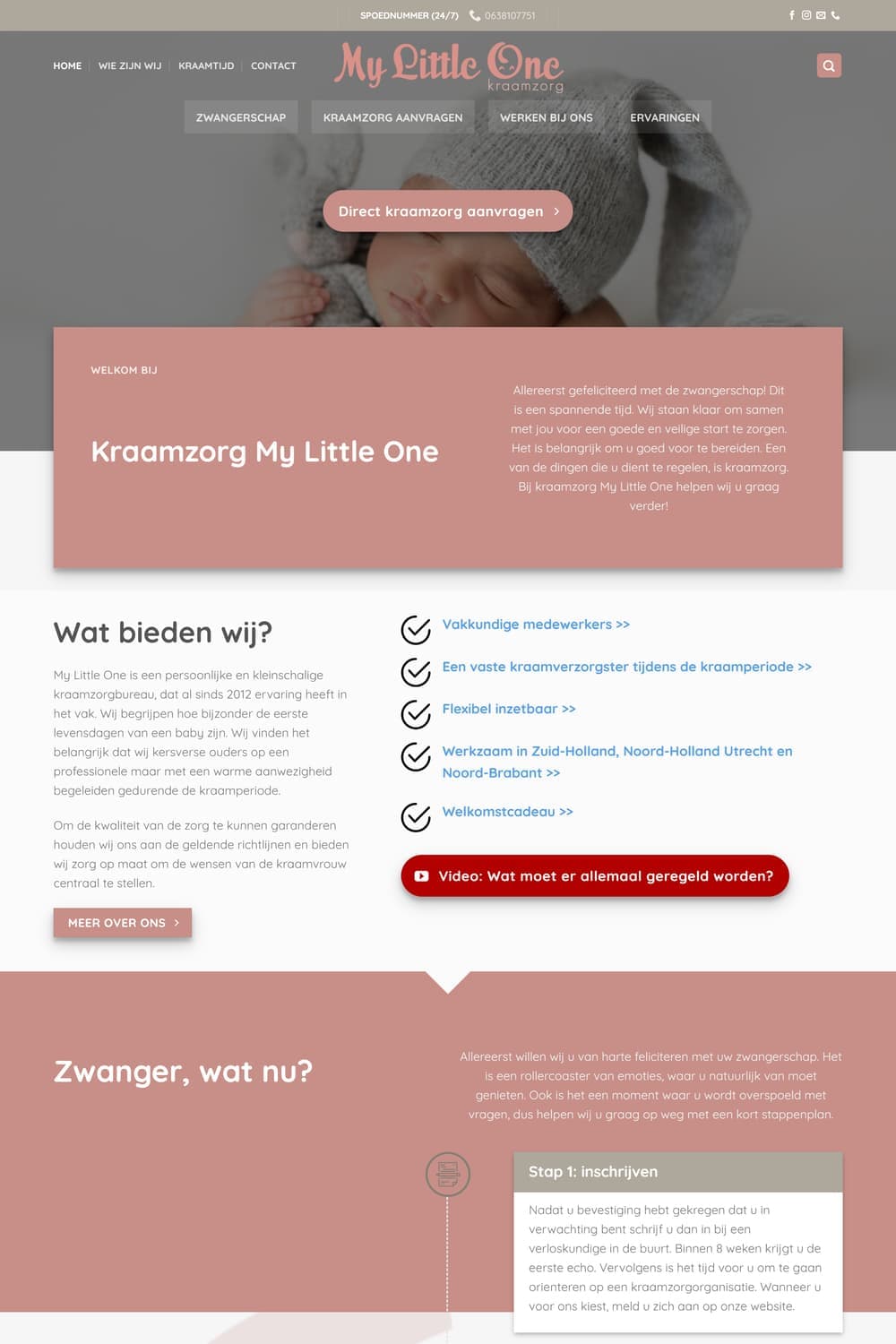 Homepage van kraamzorgmylittleone.nl met baby in konijnenpakje