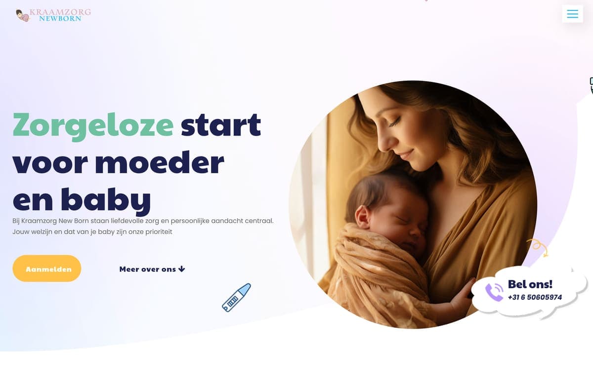 Homepage van kraamzorgnewborn.nl met moeder en baby en de kop 'Zorgeloze start voor moeder en baby'