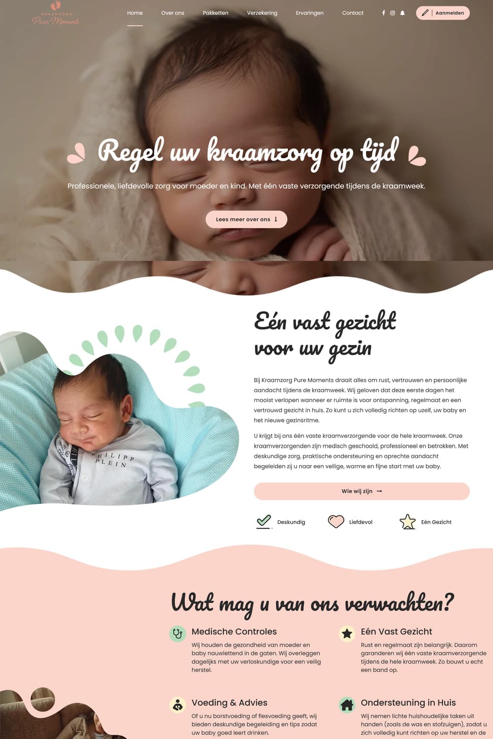 Homepage van kraamzorgpuremoments.nl met slapende baby en de kop 'Regel uw kraamzorg op tijd'