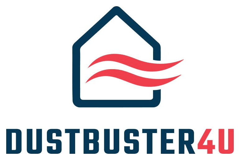 Logo van DustBuster4U: huis-silhouet met twee rode luchtstromen en de naam eronder