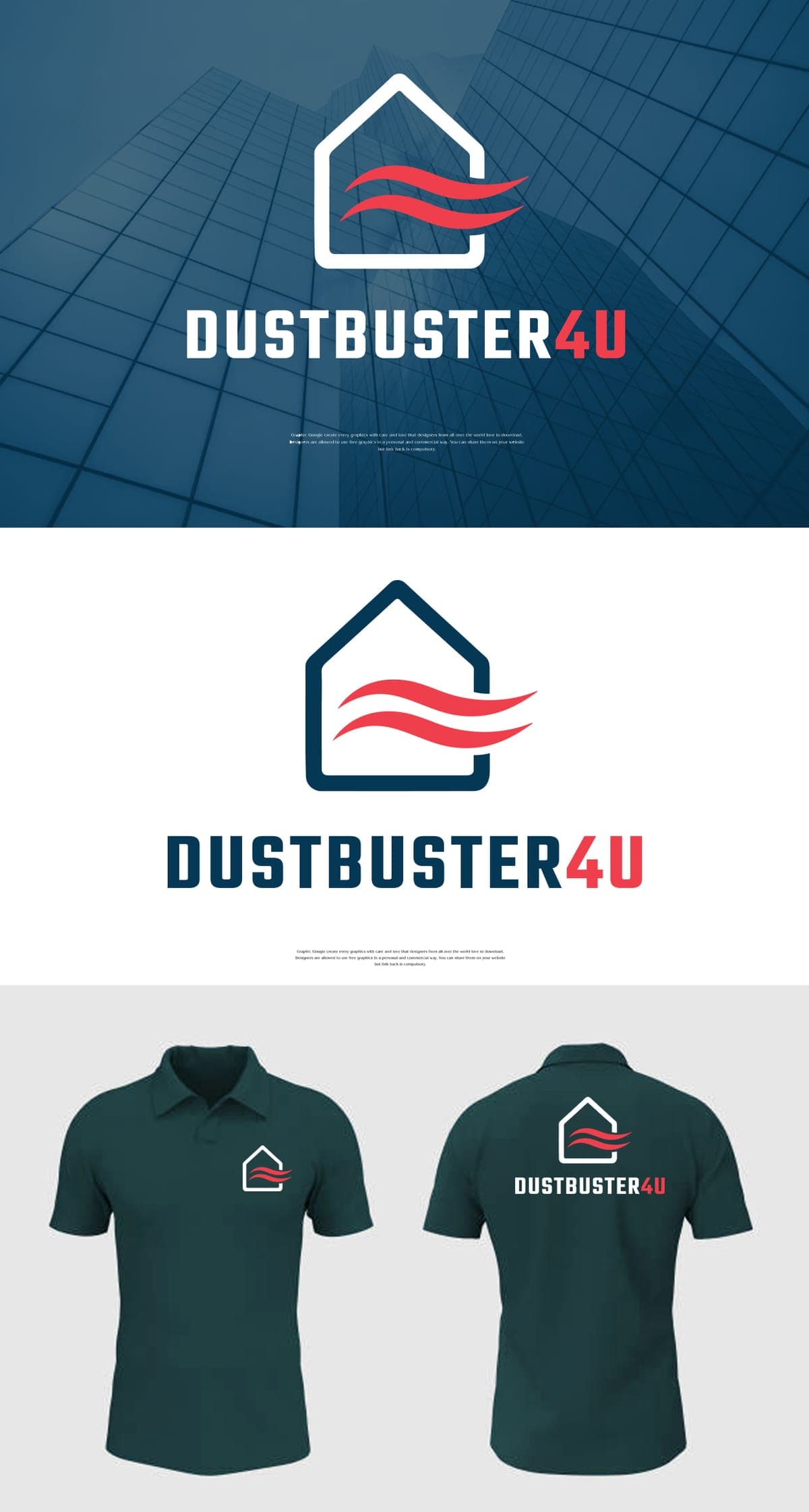 DustBuster4U-logo op een donkerblauwe gevel, op wit en op groene bedrijfspolo's