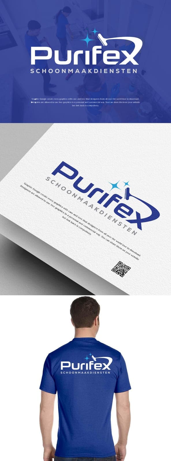 Purifex-logo op bedrijfskleding, visitekaartje en tas