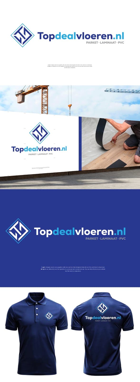 Topdealvloeren-logo toegepast op visitekaartje, briefpapier en bedrijfskleding