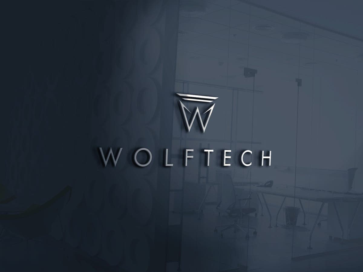 Wolftech logo as 3D letters on a glass wall