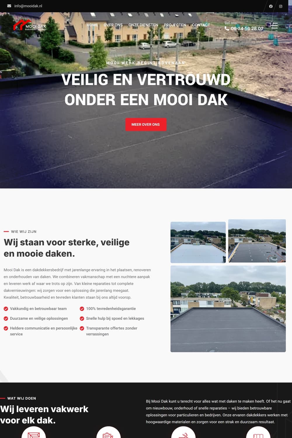 Homepage van mooidak.nl met luchtfoto van een plat dak en de kop 'Veilig en vertrouwd onder een mooi dak'