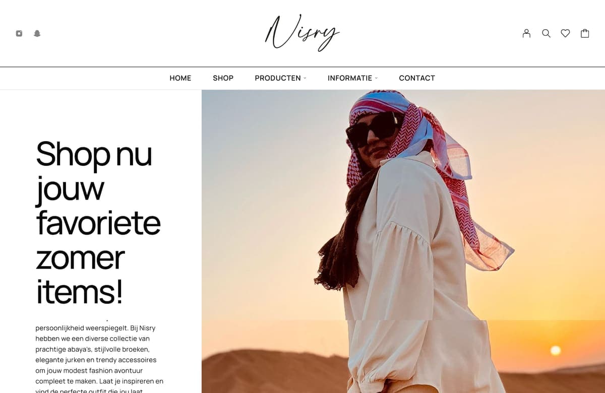 Homepage van nisry.nl met model in zomerkleding en de kop 'Shop nu jouw favoriete zomer items'