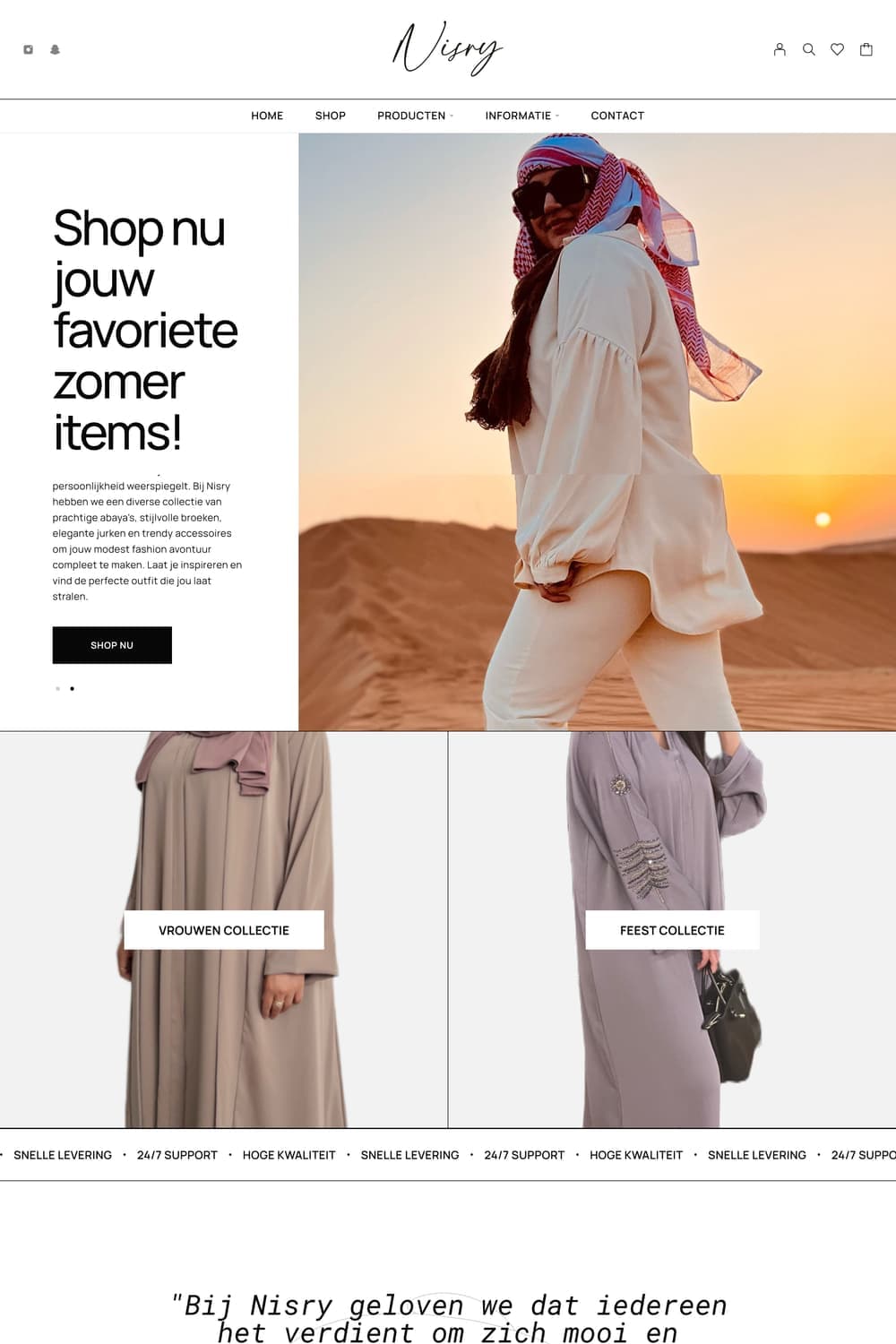 Homepage van nisry.nl met model in zomerkleding en de kop 'Shop nu jouw favoriete zomer items'