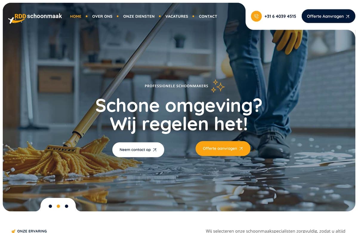 Homepage van rdd-diensten.nl met schoonmaker met mop en de kop 'Schone omgeving? Wij regelen het!'