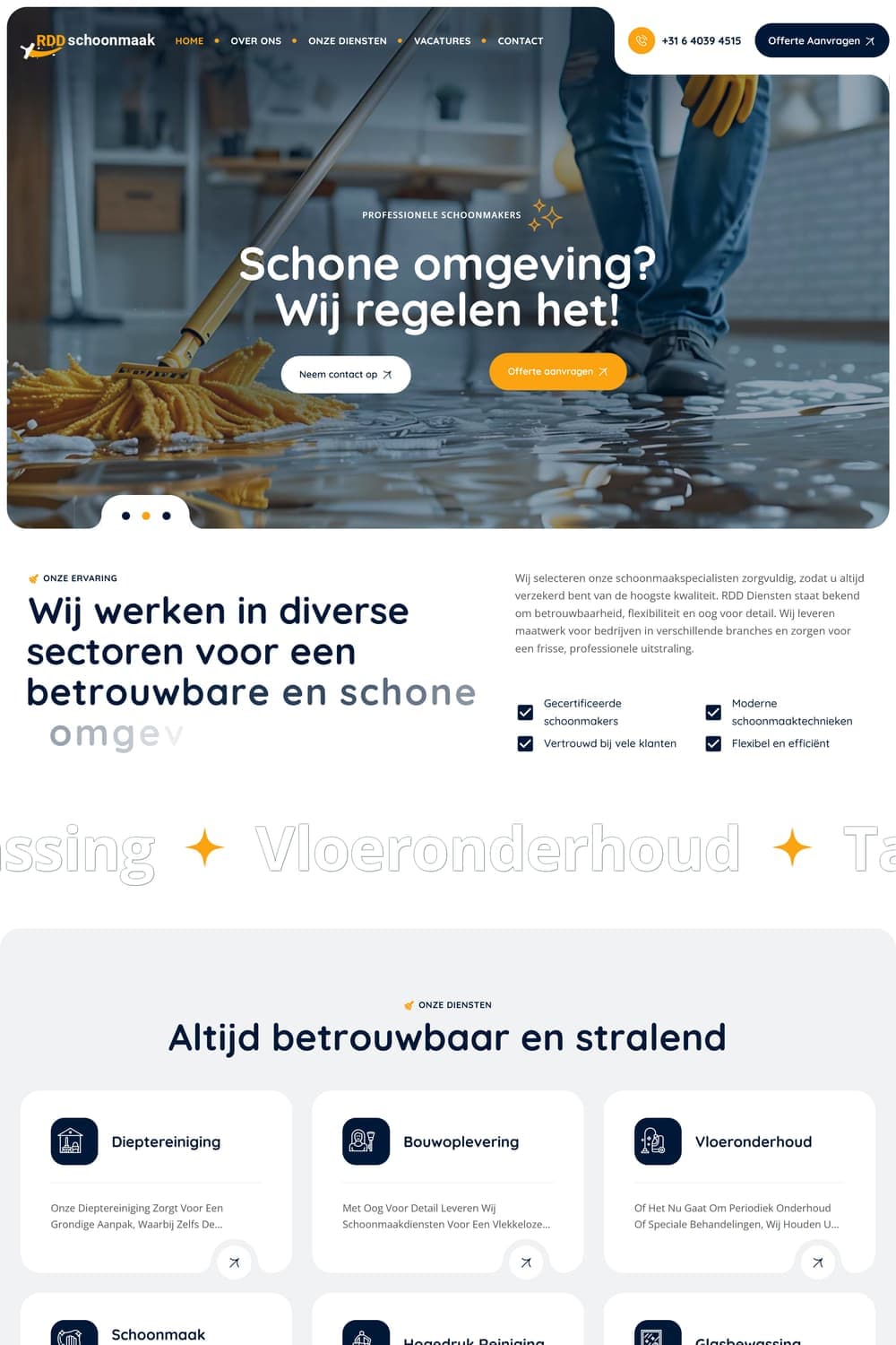 Homepage van rdd-diensten.nl met schoonmaker met mop en de kop 'Schone omgeving? Wij regelen het!'