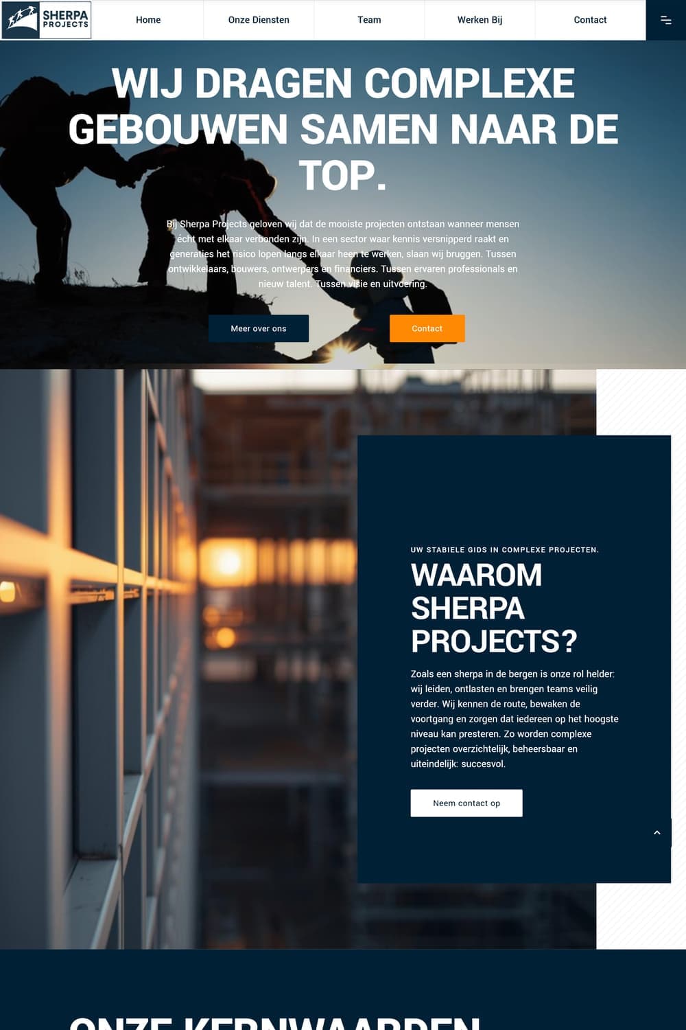 Homepage van sherpaprojects.nl met bouwvakker bij zonsopgang en de kop 'Wij dragen complexe gebouwen samen naar de top'