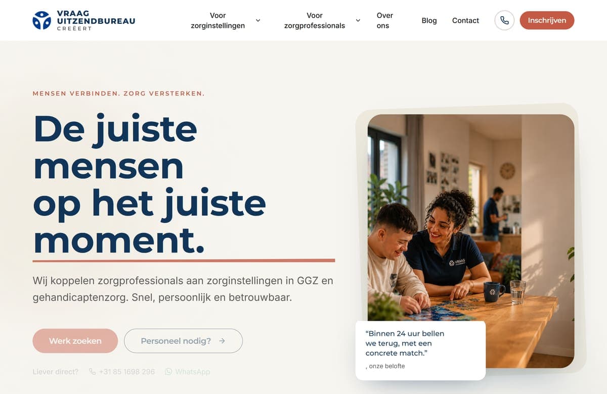 Homepage van vraaguitzendbureau.nl met de kop 'De juiste mensen op het juiste moment'