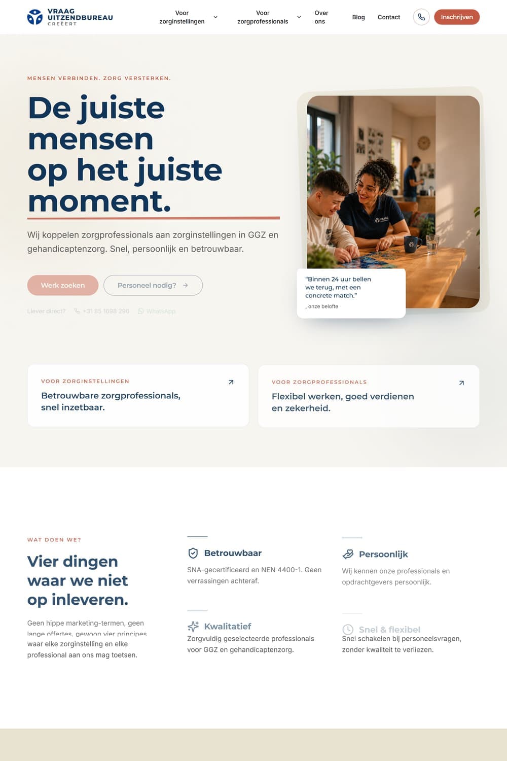 Homepage van vraaguitzendbureau.nl met de kop 'De juiste mensen op het juiste moment'