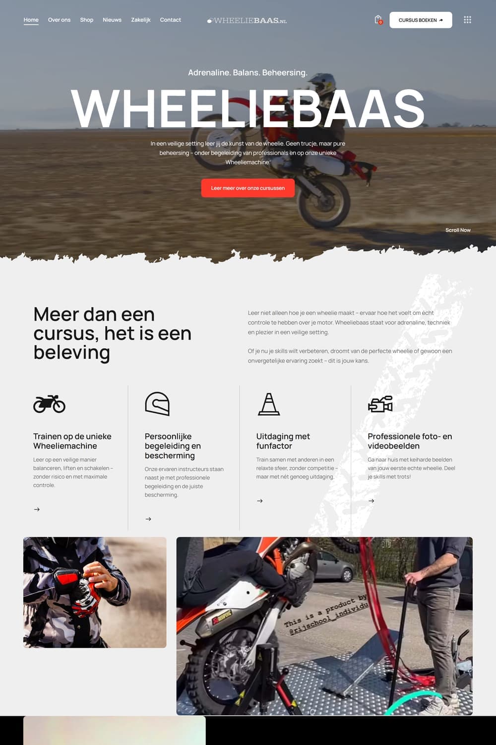 Homepage van wheeliebaas.nl met motorrijder in een wheelie en de kop 'Wheeliebaas'