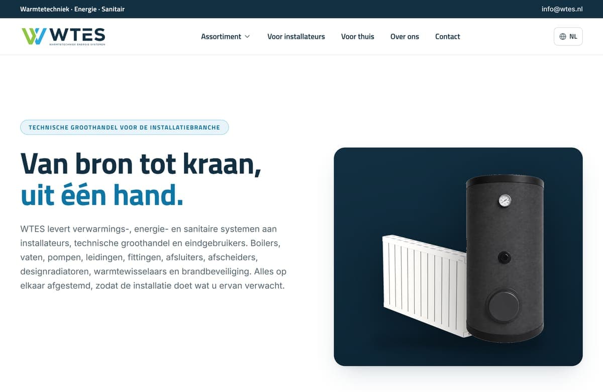 Homepage van wtes.nl met de kop 'Van bron tot kraan, uit één hand' en een designradiator