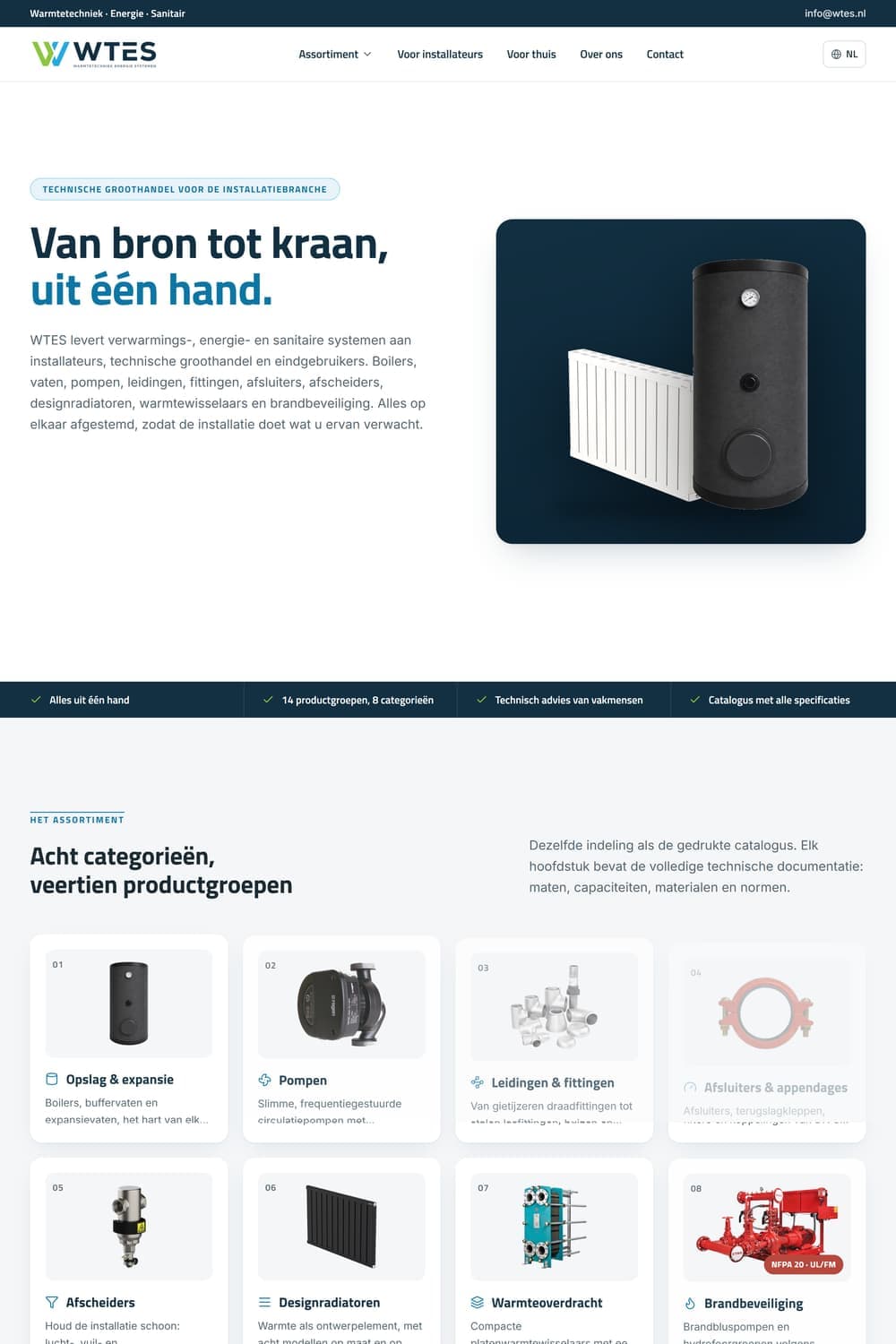 Homepage van wtes.nl met de kop 'Van bron tot kraan, uit één hand' en een designradiator