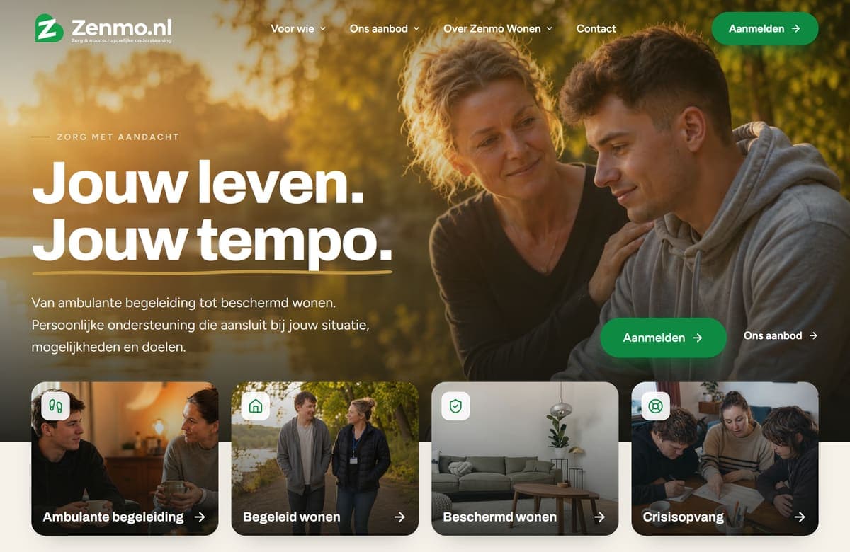 Homepage van zenmo-wonen.nl met de kop 'Jouw leven. Jouw tempo.'