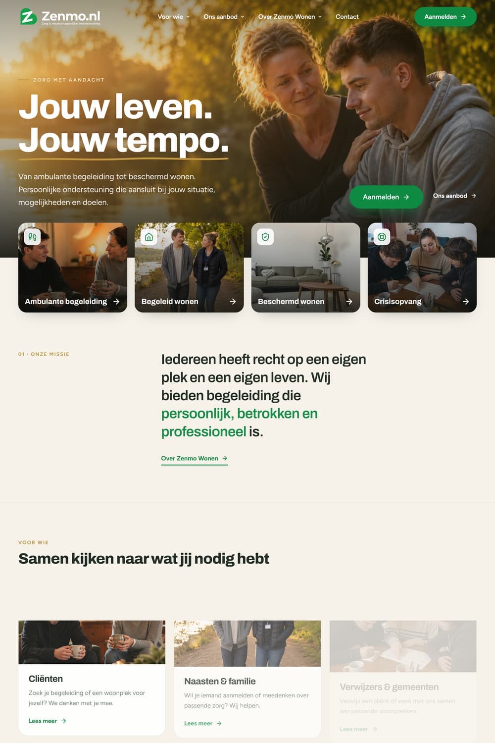 Homepage van zenmo-wonen.nl met de kop 'Jouw leven. Jouw tempo.'