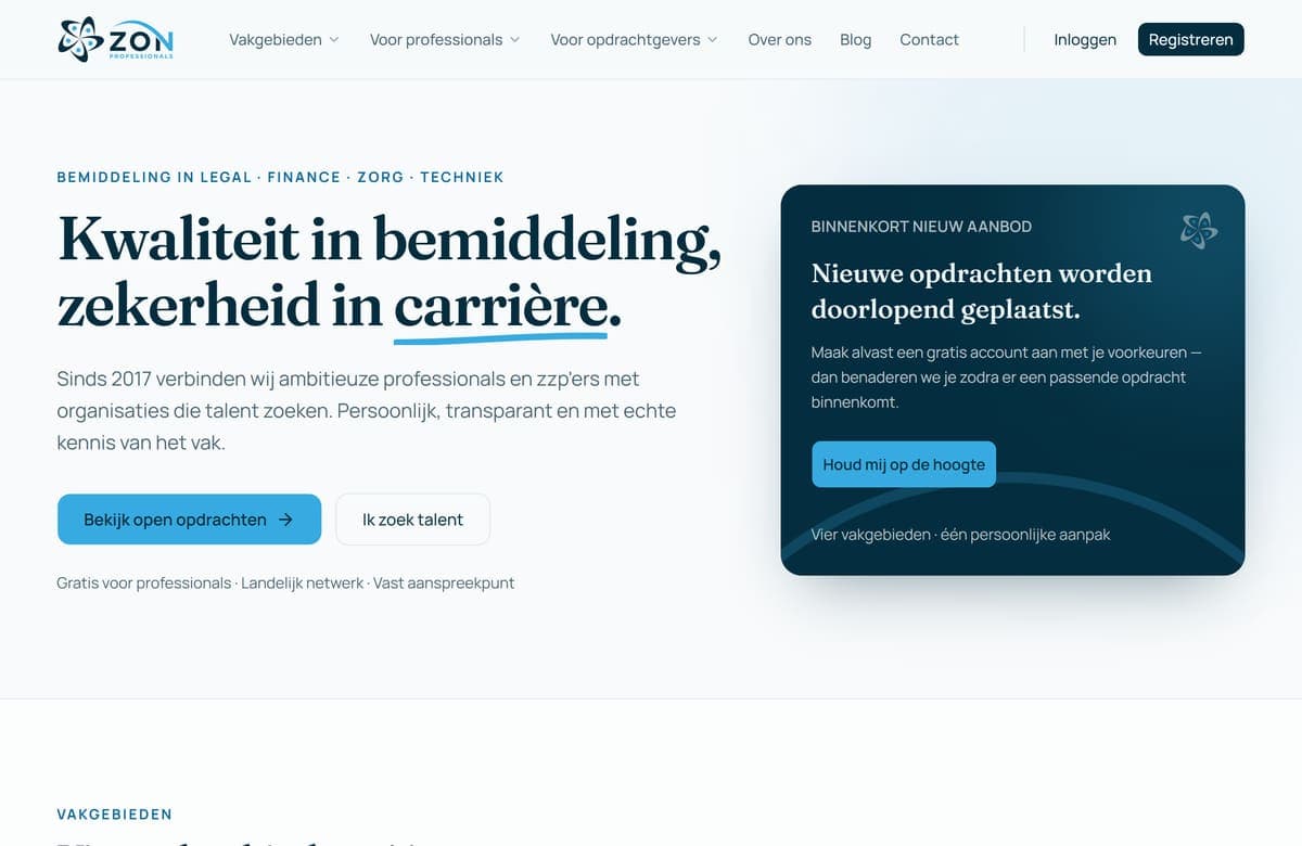Homepage van zonprofessionals.nl met de kop 'Kwaliteit in bemiddeling, zekerheid in carrière'