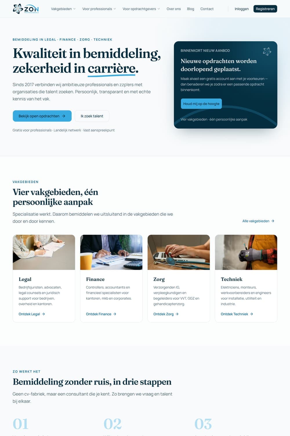 Homepage van zonprofessionals.nl met de kop 'Kwaliteit in bemiddeling, zekerheid in carrière'